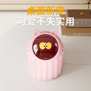 Cartoon Cat Ear Desktop Trash Can Round Flip Top Lid Indoor Storage Bin For Living Room Bedroom Dormitory - Product Image 1