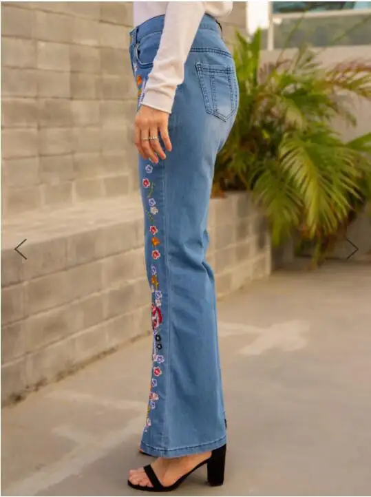 سراويل جينز نسائية من الجينز أوروبية وأمريكية التصميم مطرزة ضيقة على الجسم سراويل للنساء من قماش الدنيم