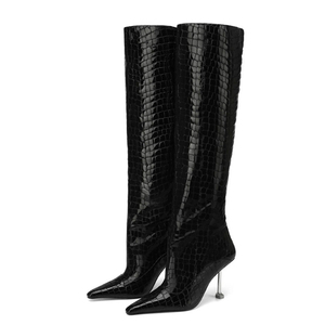 Bottines longues à talons chaton argentés pour femmes, imprimés animaliers, bout pointu, bottes hautes à la mode, tige droite - Product Image 3