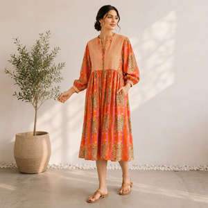 Boho <b>High</b> Neck A-Line Midi <b>Dress</b> Lantern Sleeves 100% Cotton Floral Print Tassel Pockets Regular Fit Natural <b>Waist</b> Free Casual - Product Image 1