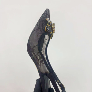 Women High Heels Stiletto Summer Pointed Toe Rhinestones Slingback Shoes Dress on Back Strap Sexy <b>Black</b> Lace <b>Pumps</b> - Product Image 4