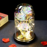 BLH Fleur en feuille d'or 24 carats dans un dôme en verre avec lumières LED et base en bois Cadeau de Saint Valentin pour maman Meilleures plantes décoratives