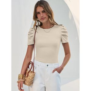 Haut en maille côtelée à col rond et manches bouffantes pour femme, ajusté, décontracté, idéal pour le travail estival, collection Printemps 2026 - Product Image 6
