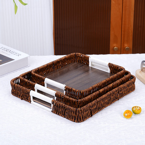 Plateau de service en <span class=keywords><strong>rotin</strong></span> à fond en bois avec poignées, plateau alimentaire empilable en osier pour pain, fruits et cuisine rustique - Product Image 3