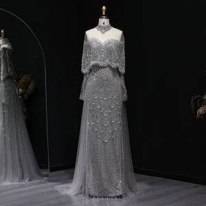 Abito da Sera di Lusso Grigio Stile Dubai Personalizzato con Mantella <span class=keywords><strong>Maniche</strong></span> <span class=keywords><strong>Lunghe</strong></span> e Sopragonna Rimovibile per Donna Festa di Nozze SS557 - Product Image 2