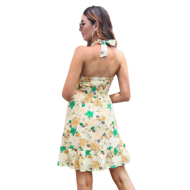 Modelo exterior de tiro real exclusivo para vestido Halter floral transfronterizo sin espalda con volantes estilo de vacaciones falda de playa verano femenino