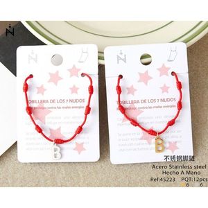 Cavigliera in acciaio inossidabile a sette nodi con lettera B e ciondolo a corda rossa, braccialetto da donna, gioiello alla moda, idea regalo - Product Image 1