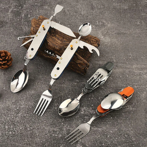 Ensemble de couverts 10 fonctions, grande fourchette et cuillère, pour la randonnée et les voyages en plein air, en acier inoxydable, pliable et détachable - Product Image 1