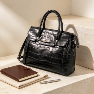 Sac à main noir pour femme en cuir gaufré crocodile avec poignée supérieure, fermoir métallique, bandoulière amovible, grande capacité, sac fourre-tout professionnel pour femme - Product Image 6