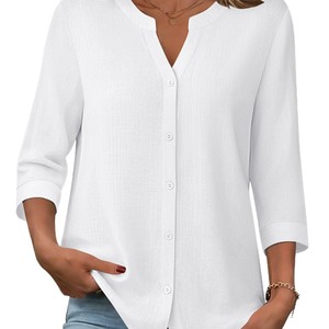Kemeja Kancing Depan GUTX-<span class=keywords><strong>1</strong></span> 2026 Musim Panas Lengan Tiga Perempat Kerah V Blus Kasual Modis Pendek - Product Image 5