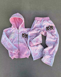 Tùy chỉnh Zip-up hoodie baggy Sweatpants <span class=keywords><strong>Set</strong></span> 100% cotton terry thể thao Hip Hop Tracksuit với thêu vá cho nam giới DTG in - Product Image 1