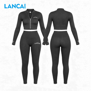 Lancai Wholesale Women's Seamless Yoga <b>Set</b> Quick Dry Fitness Zipper Jacket High Elastic Gym Leggings 2 Piece Sportswear - Product Image 3