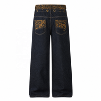 Jean large pour homme, taille basse, en denim, avec ceinture imprimée léopard, détails rivets, style vintage streetwear, fabricant OEM personnalisé