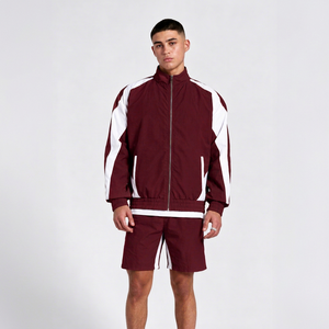 Wholesale Men's <b>Burgundy</b> Windbreaker Jacket And <b>Shorts</b> Set Custom Sportswear Tracksuit With White Panel Casual Lightweight Set - Product Image 1