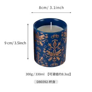 도매 사용자 정의 럭셔리 골드 꽃 패턴 작은 용량 빈 촛불 컨테이너 세라믹 촛불 항아리 나무 뚜껑