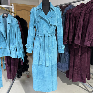 Abrigo Largo de Cuero <span class=keywords><strong>Azul</strong></span> de Moda para Mujer, Chaqueta Larga de Cuero Genuino con Doble Botonadura - Product Image 5