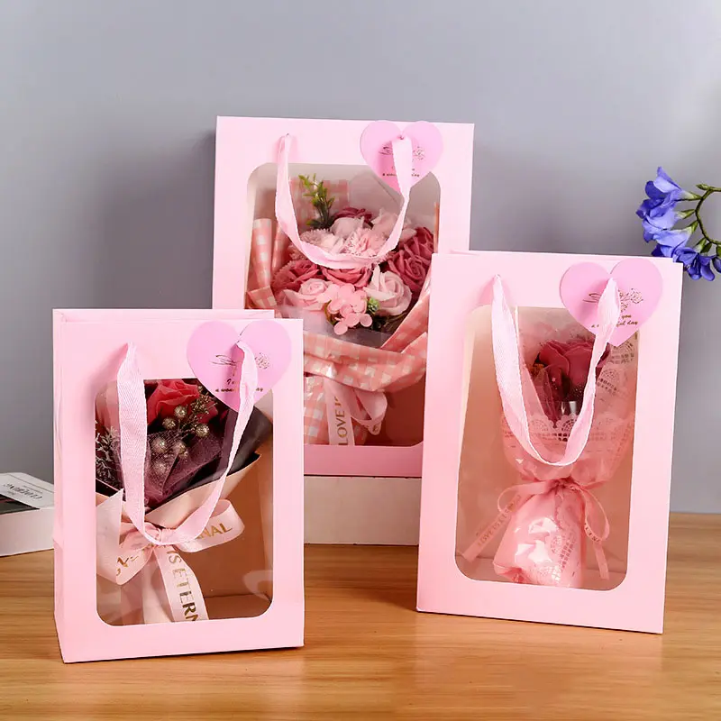 New Design Good Quality Valentines Wedding Party Favour Gifts Flowers Paper Bag With Clear Window