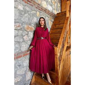 Vestido de Gasa Borgoña con Cuello Atado, Silueta Holgada, Cintura Natural, Translúcido, para Fiesta o Casual - Product Image 4