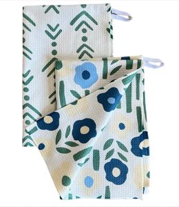 Paquete de 2 Toallas de microfibra de tejido de gofres de doble cara, altamente absorbente toalla de té, lazo colgante, diseño moderno, limpieza de impresión - Product Image 1