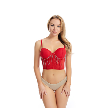 Custom OEM/ODM ladies rhinestone red mesh corset top lingerie women high quality push up bra bustier top