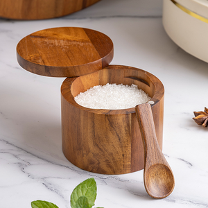 Saliera in <span class=keywords><strong>legno</strong></span> massello con coperchio e ciotola cucchiaio, <span class=keywords><strong>legno</strong></span> di Acacia condimenti a doppio strato pepe contenitore per <span class=keywords><strong>spezie</strong></span> - Product Image 3