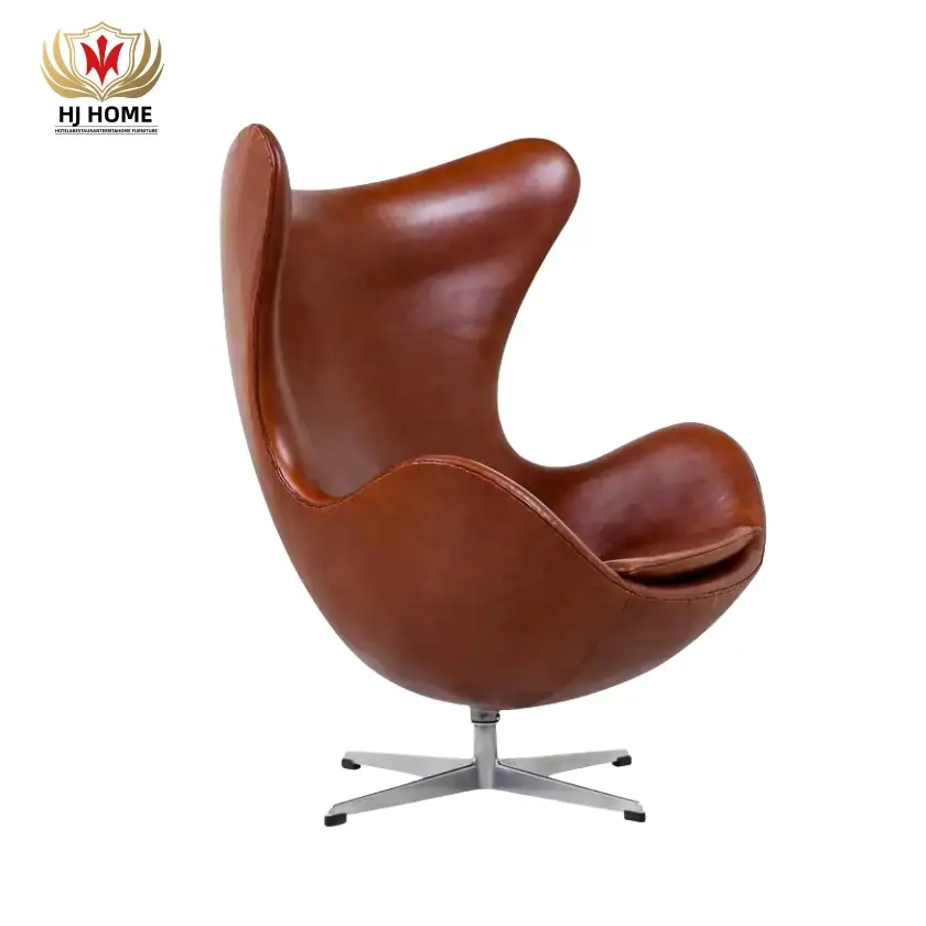 Vendita calda Iconic Design danese girevole con schienale alto sedia a conchiglia moderna sedia a uovo in pelle Cognac