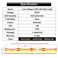 Vente chaude 5V USB Touch Dimmer Flexible Light COB Led Strip Avec PCB 8mm