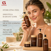 Botol Plastik Amber Custom dari Produsen dengan Tutup Pompa Kayu Bambu 100ml 150ml 200ml 250ml Sablon untuk Lotion