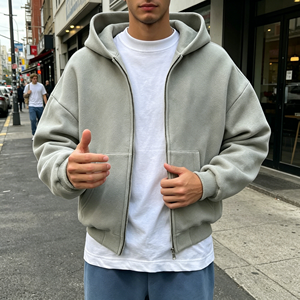 Sudadera con capucha para hombre, personalizada, holgada, de hombros caídos, con doble cremallera, de algodón lavado liso, con logotipo personalizado, estilo urbano - Product Image 3