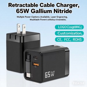 Adaptateur de charge rapide de voyage double port Fonction PD 3.0 pour ordinateur portable <span class=keywords><strong>Chargeur</strong></span> <span class=keywords><strong>USB</strong></span> <span class=keywords><strong>C</strong></span> GaN 65W avec <span class=keywords><strong>c</strong></span>âble Type <span class=keywords><strong>C</strong></span> rétractable - Product Image 5