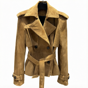 Veste Courte Trench en Cuir Véritable de Mouton avec Ceinture, Double Boutonnage, Respirante, pour Femme, Automne - Product Image 1