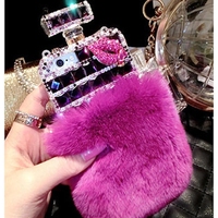 Étui de téléphone portable en fourrure de lapin douce et chaude avec bouteille de parfum en diamant incrusté de strass de luxe pour iPhone