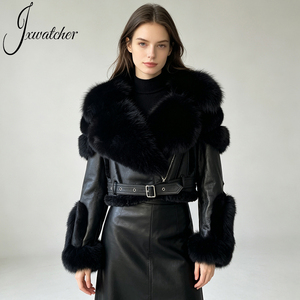 Jxwatcher Giacca in Vera <span class=keywords><strong>Pelliccia</strong></span> di Volpe Personalizzabile all'Ingrosso, <span class=keywords><strong>con</strong></span> <span class=keywords><strong>Cappuccio</strong></span>, Corta, <span class=keywords><strong>con</strong></span> Cintura, in Vera Pelle di Montone per Donne - Product Image 4
