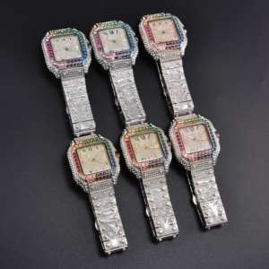 Nouveautés : Montre classique hip-hop de créateur avec cadran coloré et diamants, montre à quartz unique entièrement sertie de diamants - Product Image 6