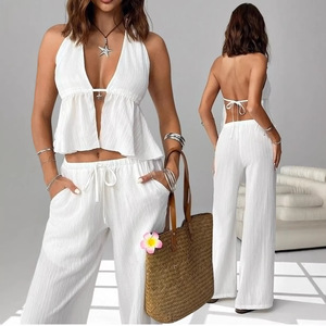 Ensembles Streetwear Décontractés 2 Pièces pour Femme Été 2026 – Hauts Halter Solides à Nouer au Dos & Pantalons Large – Prix Abordable - Product Image 4