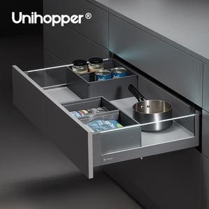 Unihopper กล่องลิ้นชักติดผนังคู่, ลิ้นชักปิดแบบอ่อนพร้อมแผงกระจก LED สไลด์ลิ้นชักสำหรับอุปกรณ์ครัว - Product Image 4