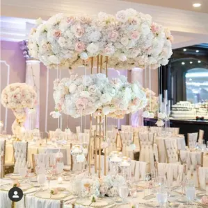 सोने के फ्रेम फूल स्टैंड के लिए Centerpiece शादी की मेज शीर्ष बिक्री डबल सर्किल फूल धातु शादी लंबा Centerpieces के लिए खड़े हो जाओ