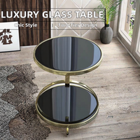 Table basse ronde à double étage, petite, moderne, en métal doré avec plateau en verre trempé noir pour salon, meubles de luxe
