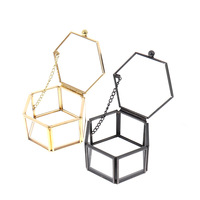 Boîte à alliances en verre transparent hexagonale de luxe avec logo personnalisé, organisateur de bijoux géométrique avec fermeture à bouton