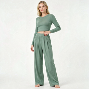 <b>Women</b> Sage Rib Knit Outfit Long Sleeve Crop Top Elastic Waist Wide Leg <b>Trousers</b> Ladies Casual Clothes - Product Image 2