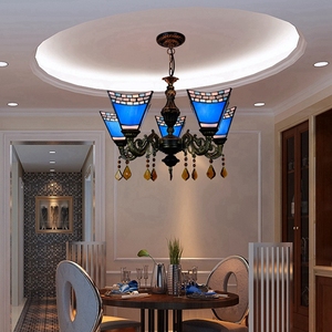 Suspension carrée bleue Tiffany Lampadario avec lumière en verre à cinq têtes pour chambre à coucher Bar Foyer Couloir-Style lustre - Product Image 3