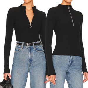 Pull décontracté en maille côtelée à manches longues, col montant, fermeture demi-zip, coupe ajustée extensible pour femme - Product Image 6