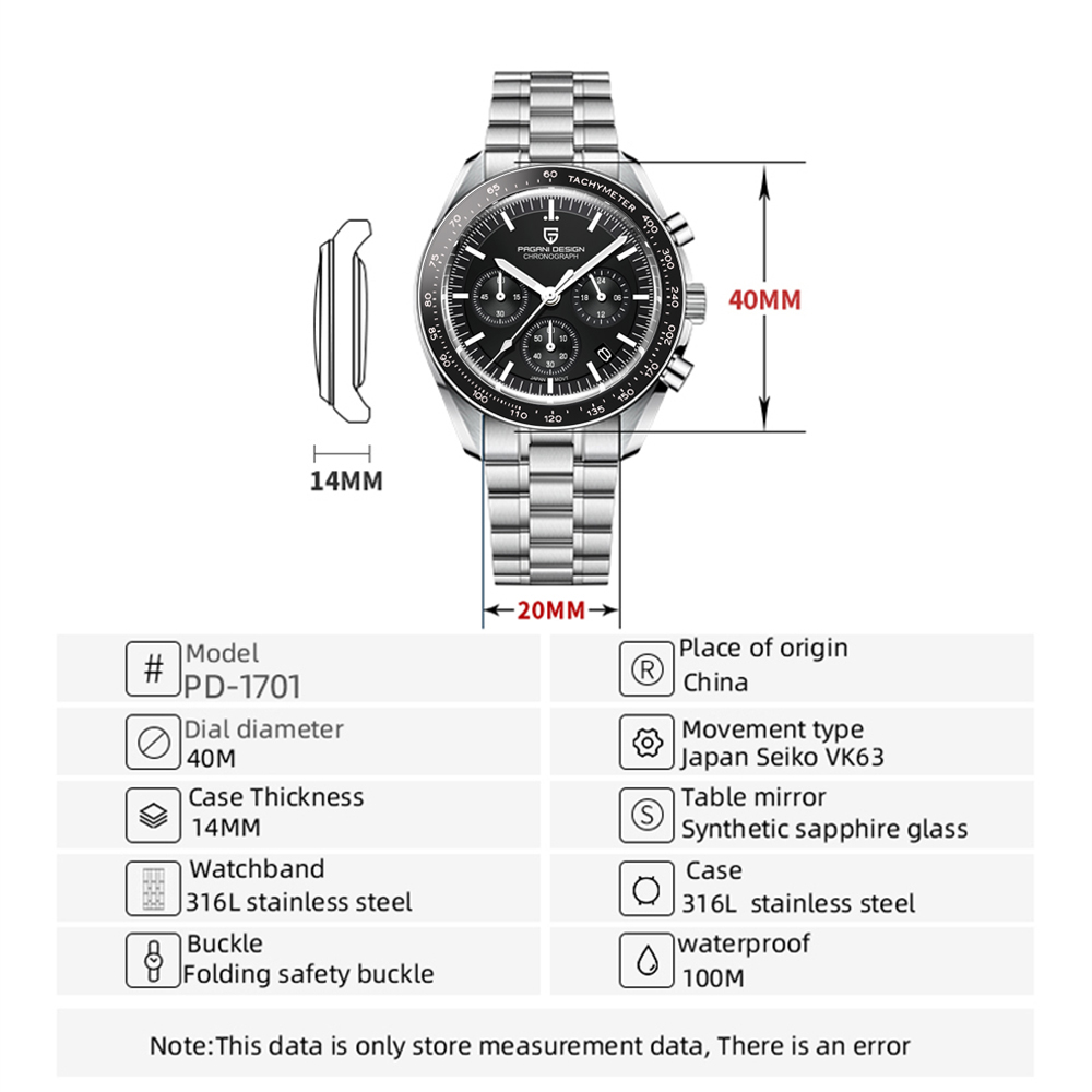 Pagani Design 1701 herenhorloge, chronograaf, VK63 Japanse Quartz uurwerk, roestvrij stalen armband, waterbestendig tot 100 meter heren sporthorloge. (1701-Snaar Blauw