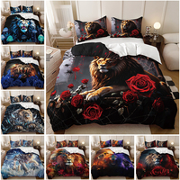 Ensemble de housse de couette King 3 pièces en microfibre 100% style américain 300TC toute saison avec impression numérique 3D de rose rouge, araignée, forêt et lion