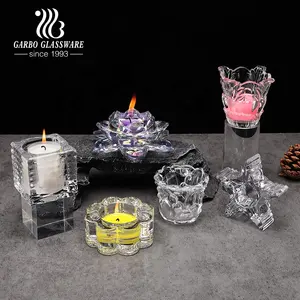 28 years glassware factory in stock lotus pentagon round shape glass candle holder glass candle cup with multi designs and sizes