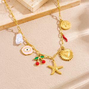 Fashionable Cartoon Fruit Cherry Heart Eye Starfish Stainless Steel Chain Women's Necklace Party Jewelry - Product Image 2