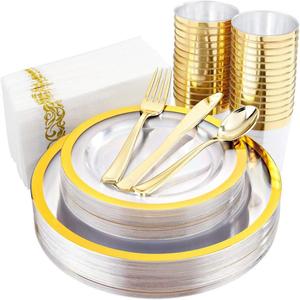 175 Uds. Juego de platos de vajilla de oro nuevo y blanco, juegos de vajilla de plástico desechables, platos y cubiertos para restaurante - Product Image 1