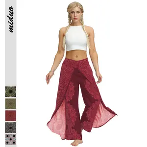 Fashion Side Slit Printed Elastic Waist Loose Hippie Casual Summer Wide leg Bohemian Baggy Women's Trousers Pants