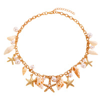 Ensemble de bijoux dorés pour femme, style bohème tendance, collier, boucles d'oreilles et bracelet coquillage, étoile de mer et conque, pour l'été et les vacances à la plage