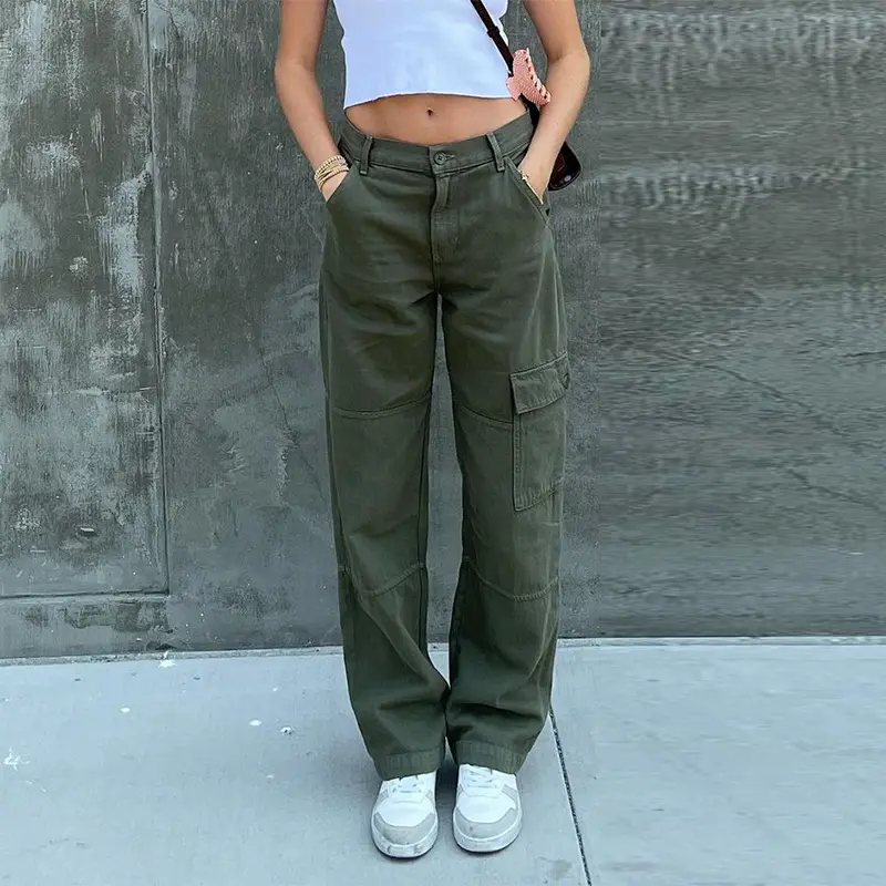 Autumn 2023 Women's Cargo Pants Green Loose Casual Single Side Pocket Zipper High Waist Straight Women's Jeans